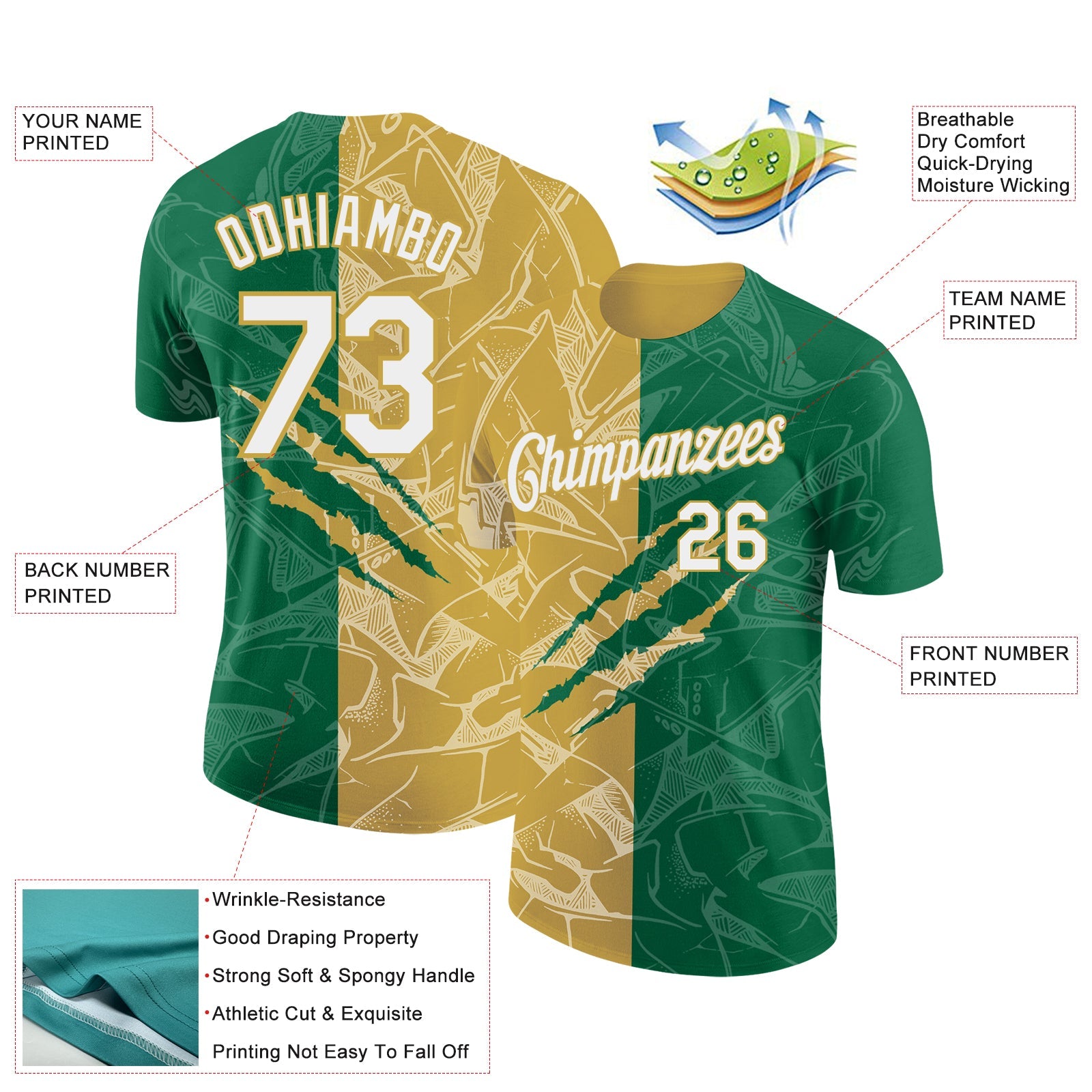 Custom Graffiti Pattern White Kelly Green-Old Gold Scratch 3D Performance T-Shirt view 2