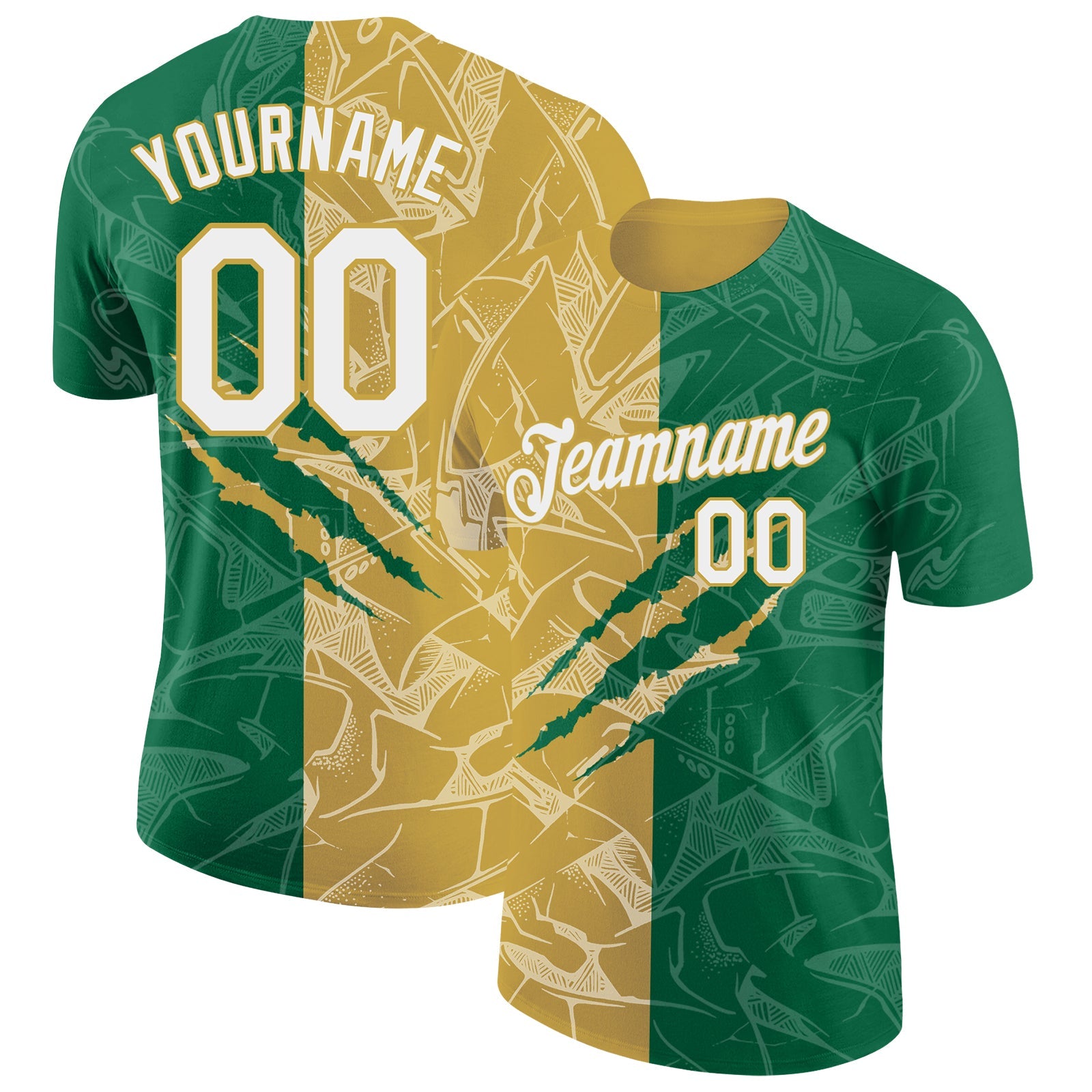 Custom Graffiti Pattern White Kelly Green-Old Gold Scratch 3D Performance T-Shirt - Main View