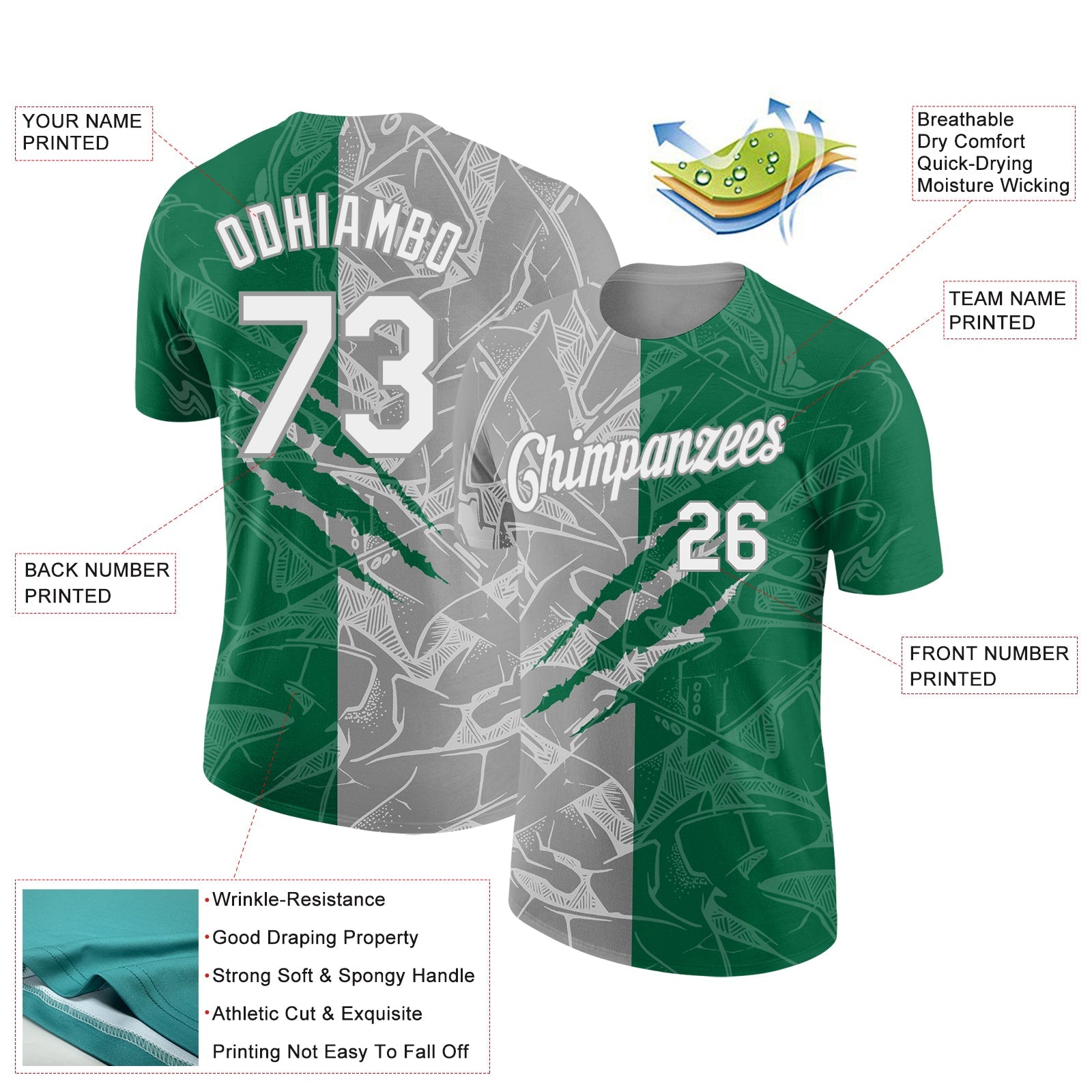 Custom Graffiti Pattern White Kelly Green-Gray Scratch 3D Performance T-Shirt view 2