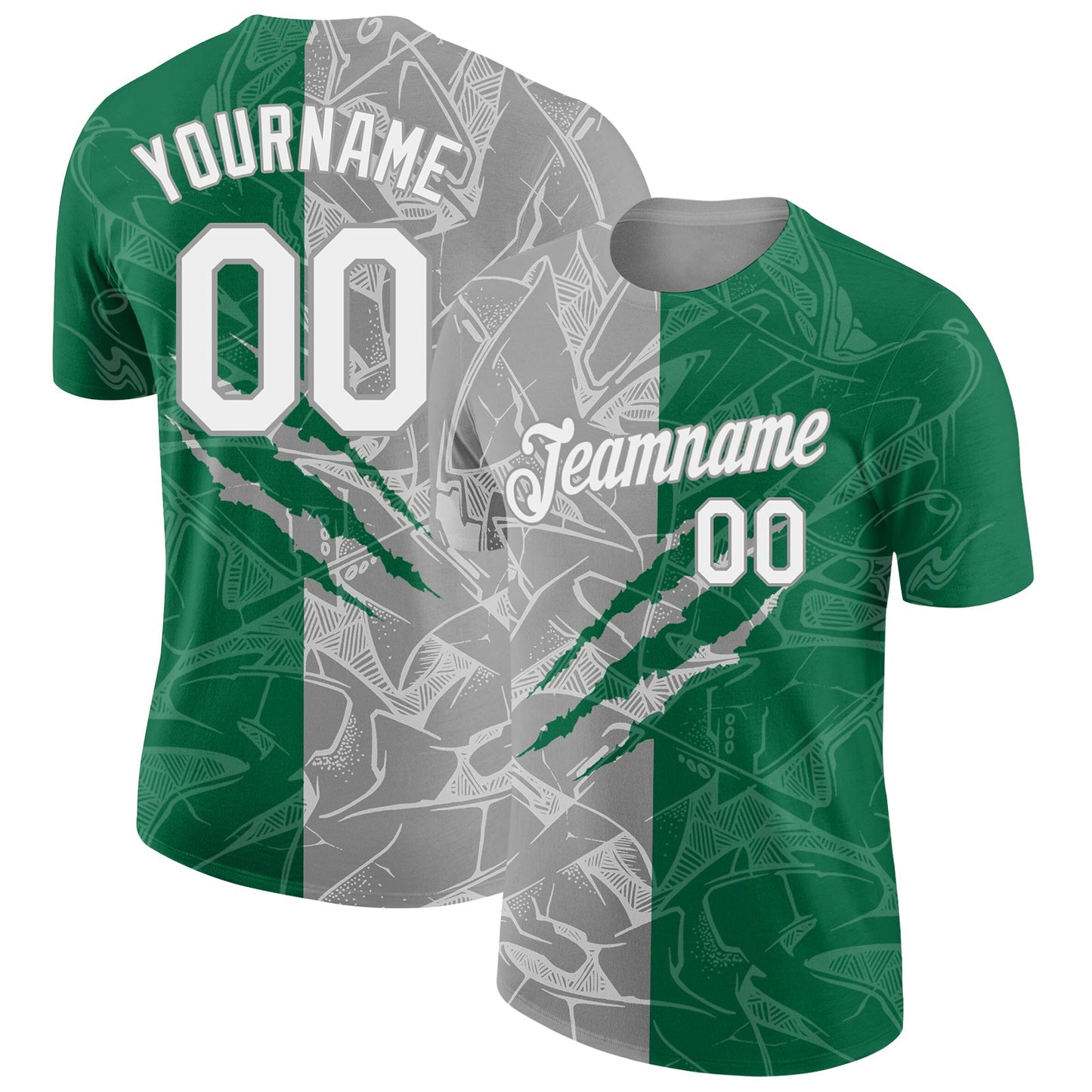 Custom Graffiti Pattern White Kelly Green-Gray Scratch 3D Performance T-Shirt - Main View