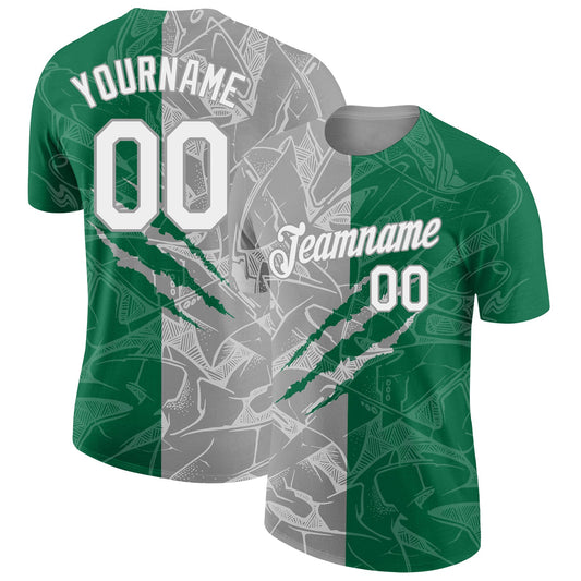 Custom Graffiti Pattern White Kelly Green-Gray Scratch 3D Performance T-Shirt - Main View
