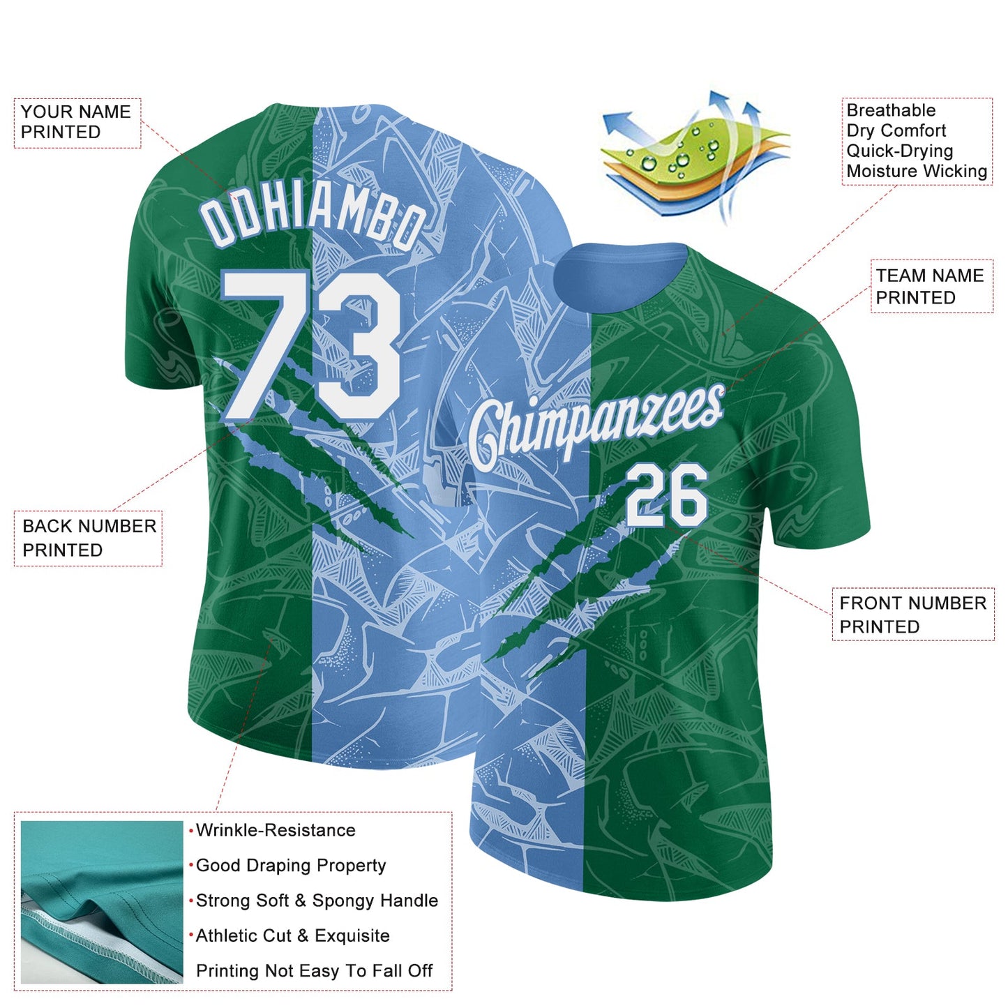 Custom Graffiti Pattern White Kelly Green-Light Blue Scratch 3D Performance T-Shirt view 2