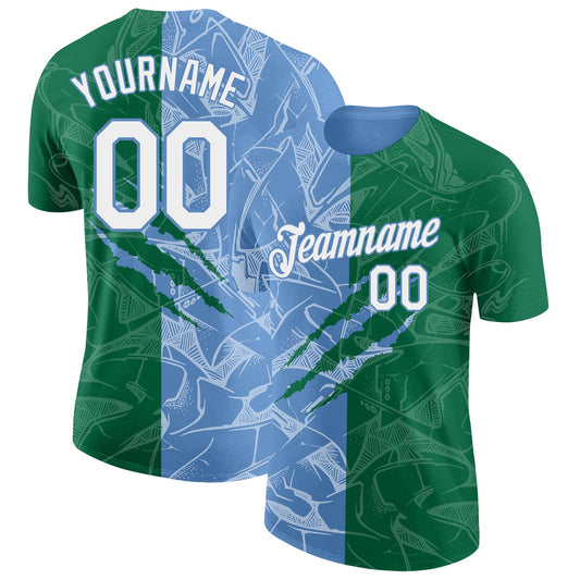 Custom Graffiti Pattern White Kelly Green-Light Blue Scratch 3D Performance T-Shirt - Main View