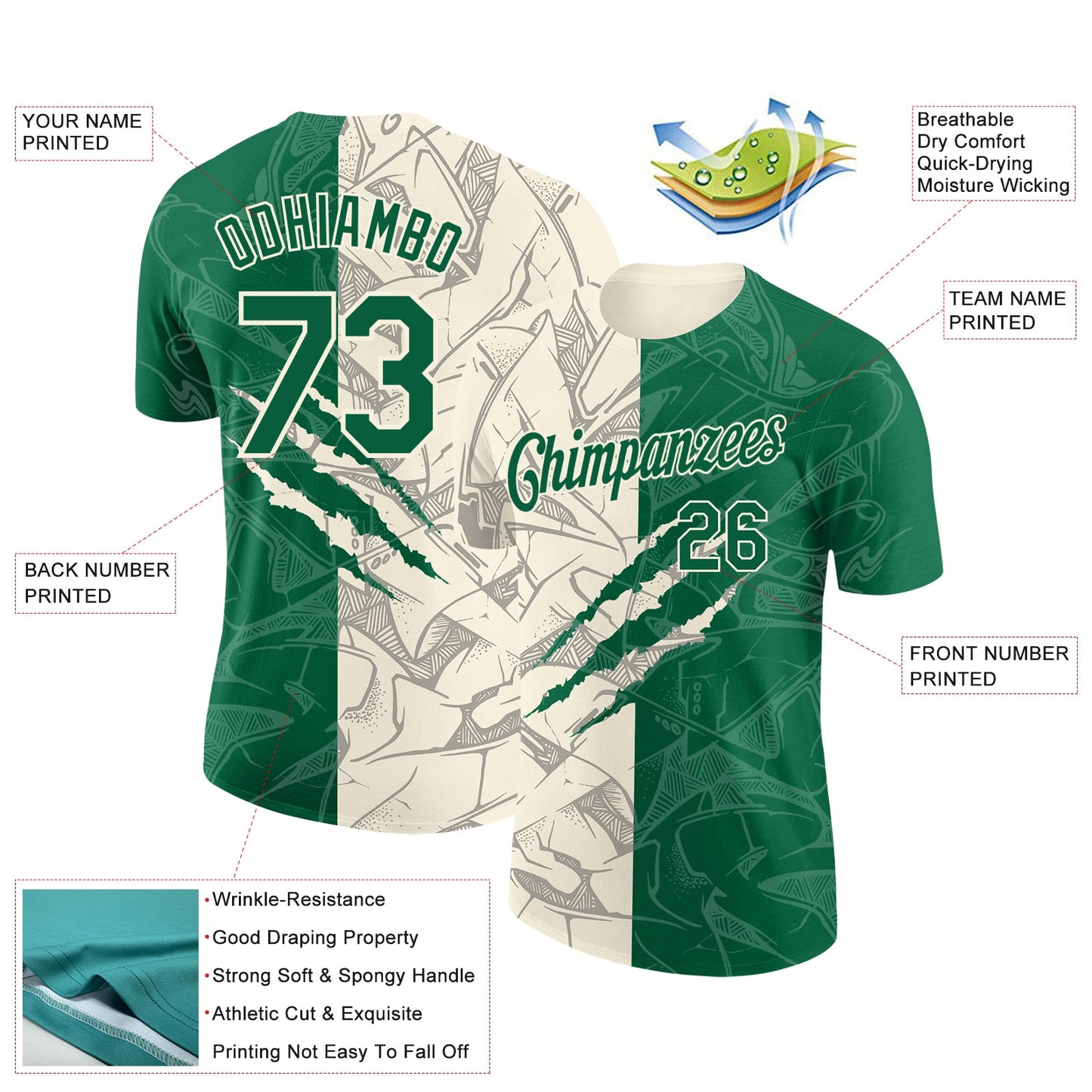 Custom Graffiti Pattern Kelly Green-Cream Scratch 3D Performance T-Shirt view 2