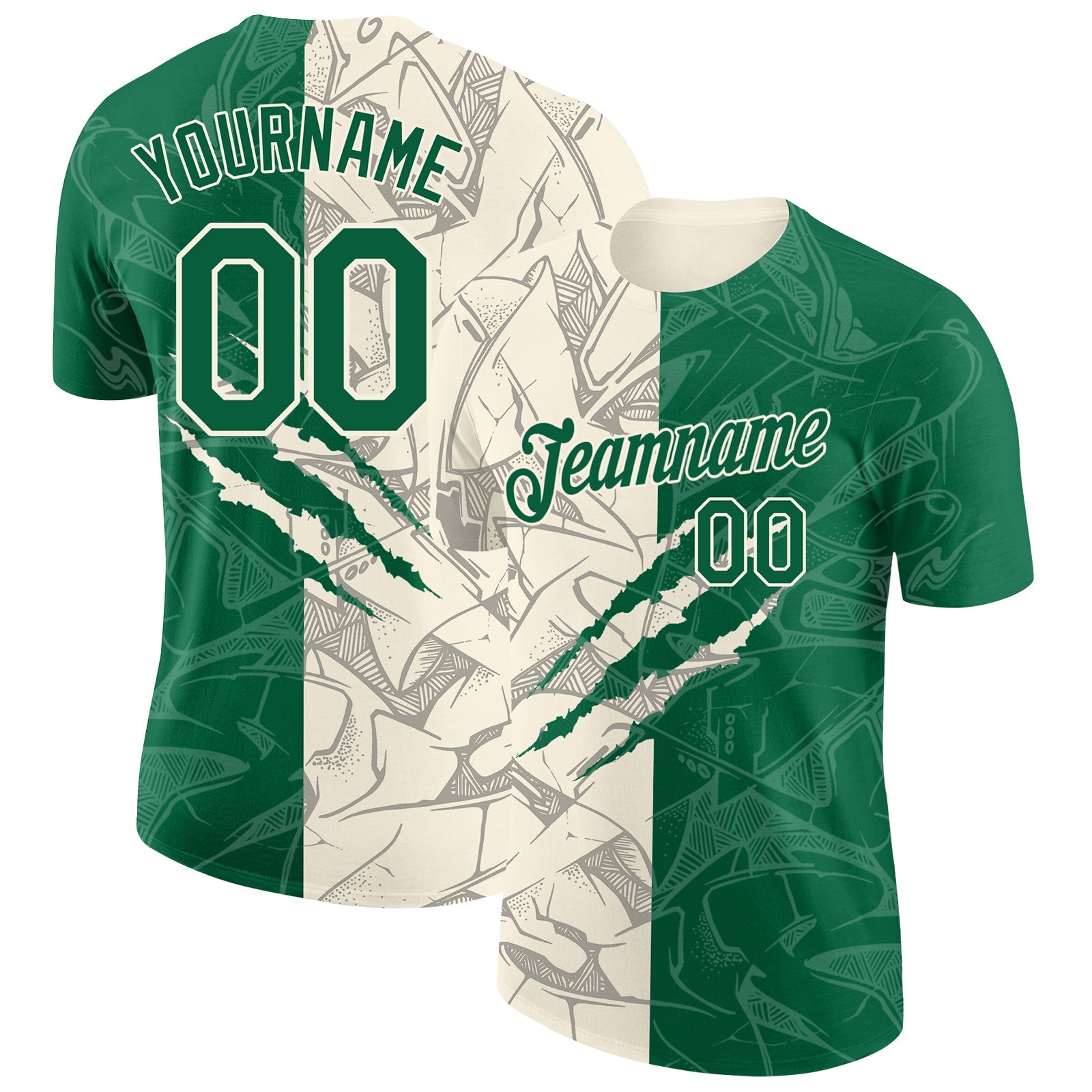 Custom Graffiti Pattern Kelly Green-Cream Scratch 3D Performance T-Shirt - Main View