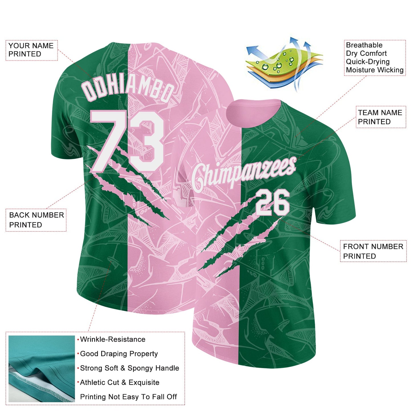 Custom Graffiti Pattern White Kelly Green-Light Pink Scratch 3D Performance T-Shirt view 2