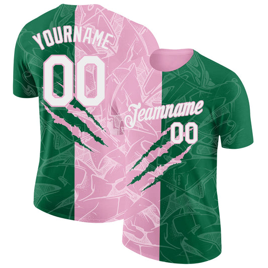 Custom Graffiti Pattern White Kelly Green-Light Pink Scratch 3D Performance T-Shirt - Main View