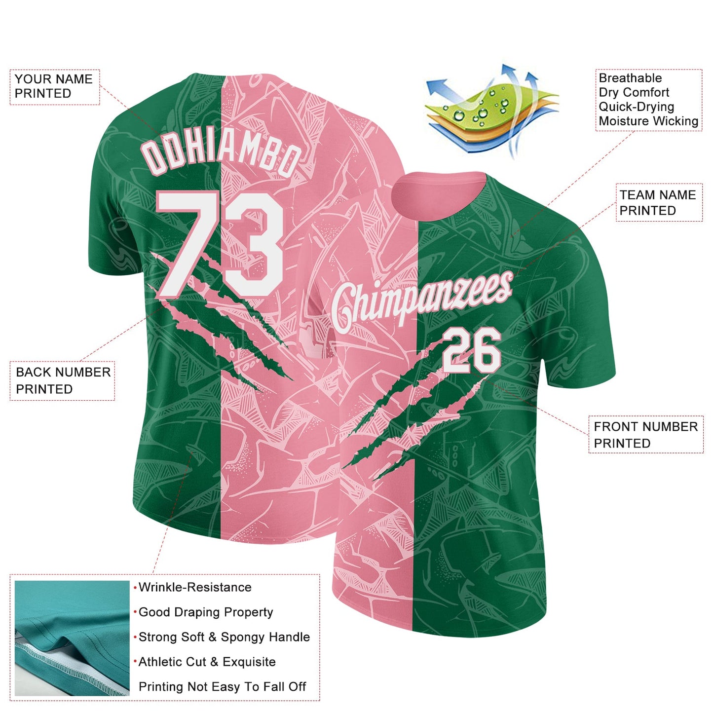 Custom Graffiti Pattern White Kelly Green-Medium Pink Scratch 3D Performance T-Shirt view 2