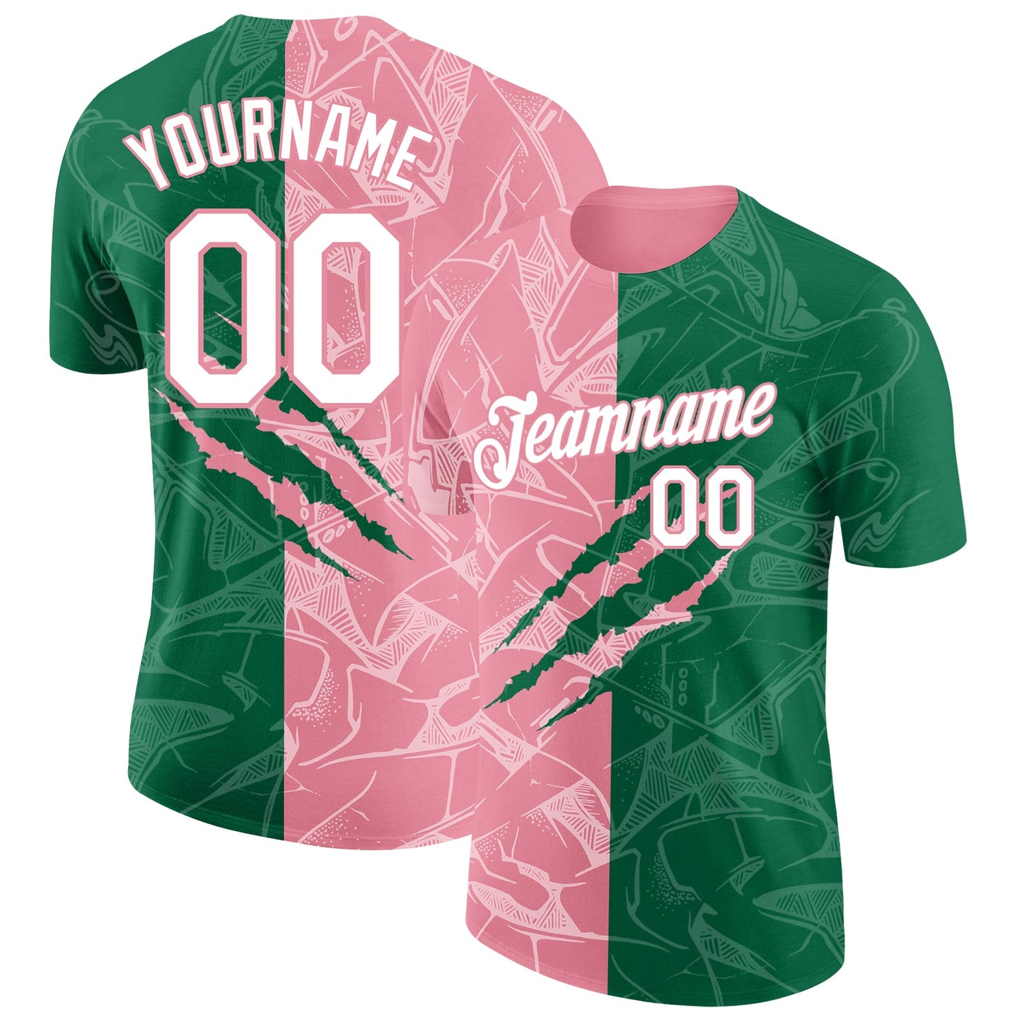 Custom Graffiti Pattern White Kelly Green-Medium Pink Scratch 3D Performance T-Shirt - Main View