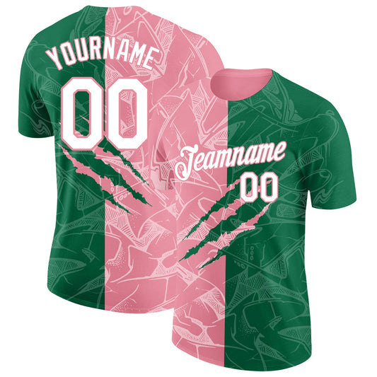 Custom Graffiti Pattern White Kelly Green-Medium Pink Scratch 3D Performance T-Shirt - Main View