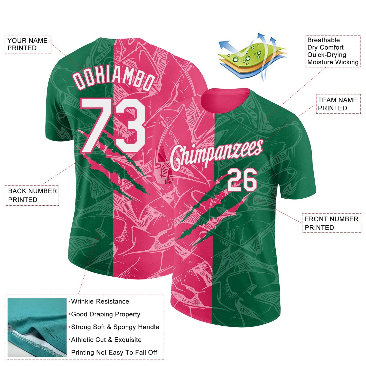 Custom Graffiti Pattern White Kelly Green-Neon Pink Scratch 3D Performance T-Shirt view 2