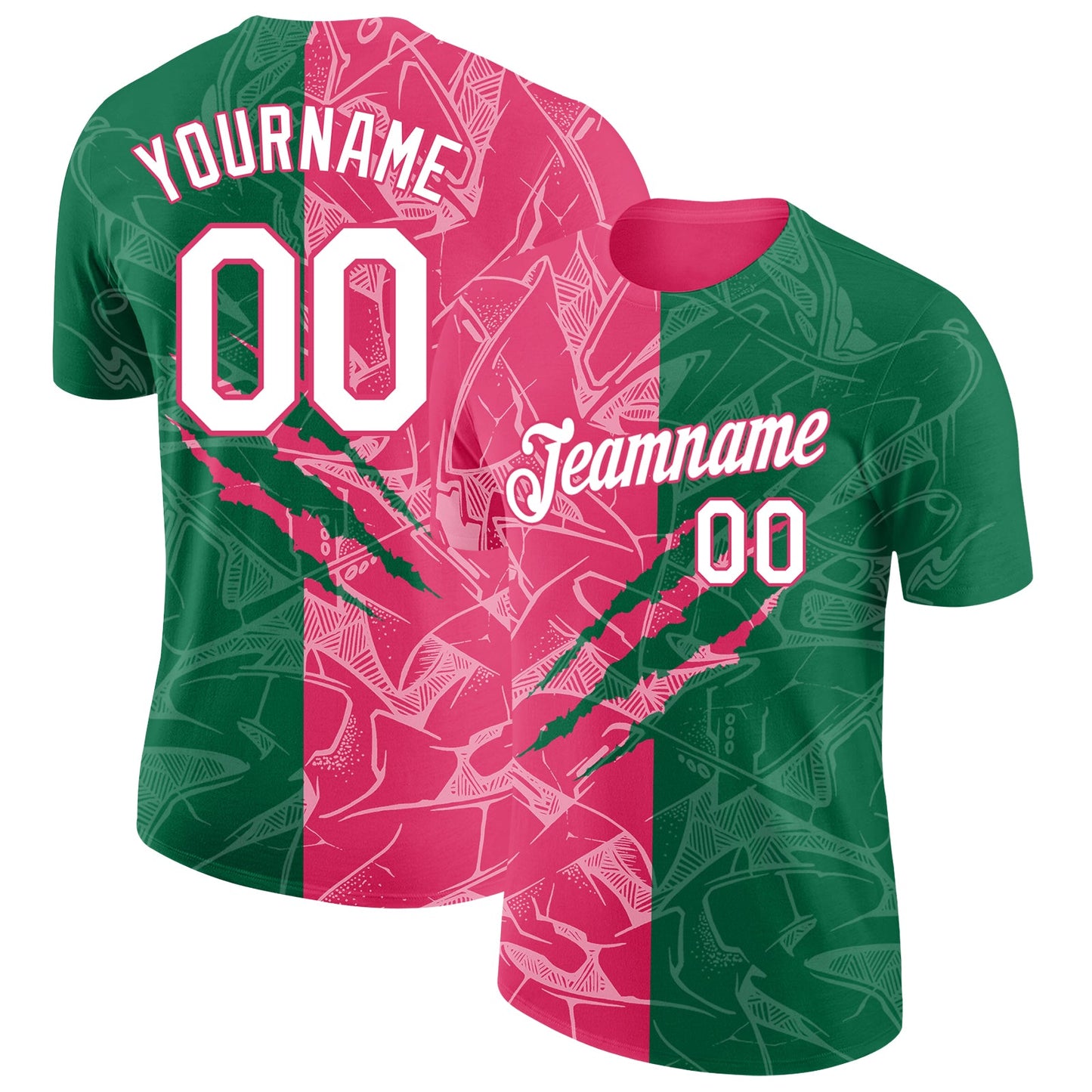 Custom Graffiti Pattern White Kelly Green-Neon Pink Scratch 3D Performance T-Shirt - Main View