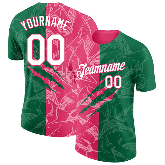 Custom Graffiti Pattern White Kelly Green-Neon Pink Scratch 3D Performance T-Shirt - Main View