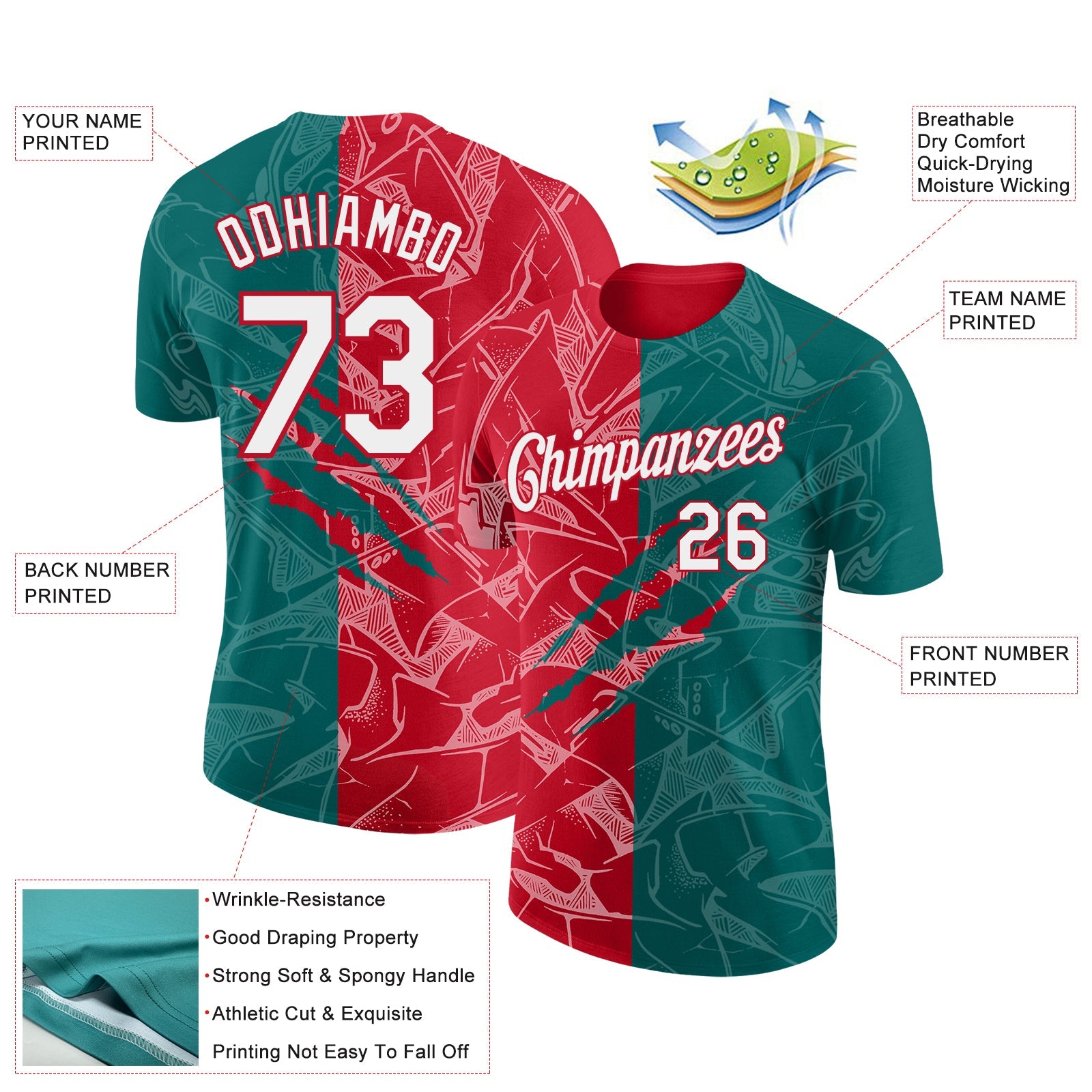 Custom Graffiti Pattern White Teal-Red Scratch 3D Performance T-Shirt view 2
