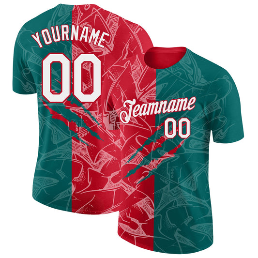 Custom Graffiti Pattern White Teal-Red Scratch 3D Performance T-Shirt - Main View