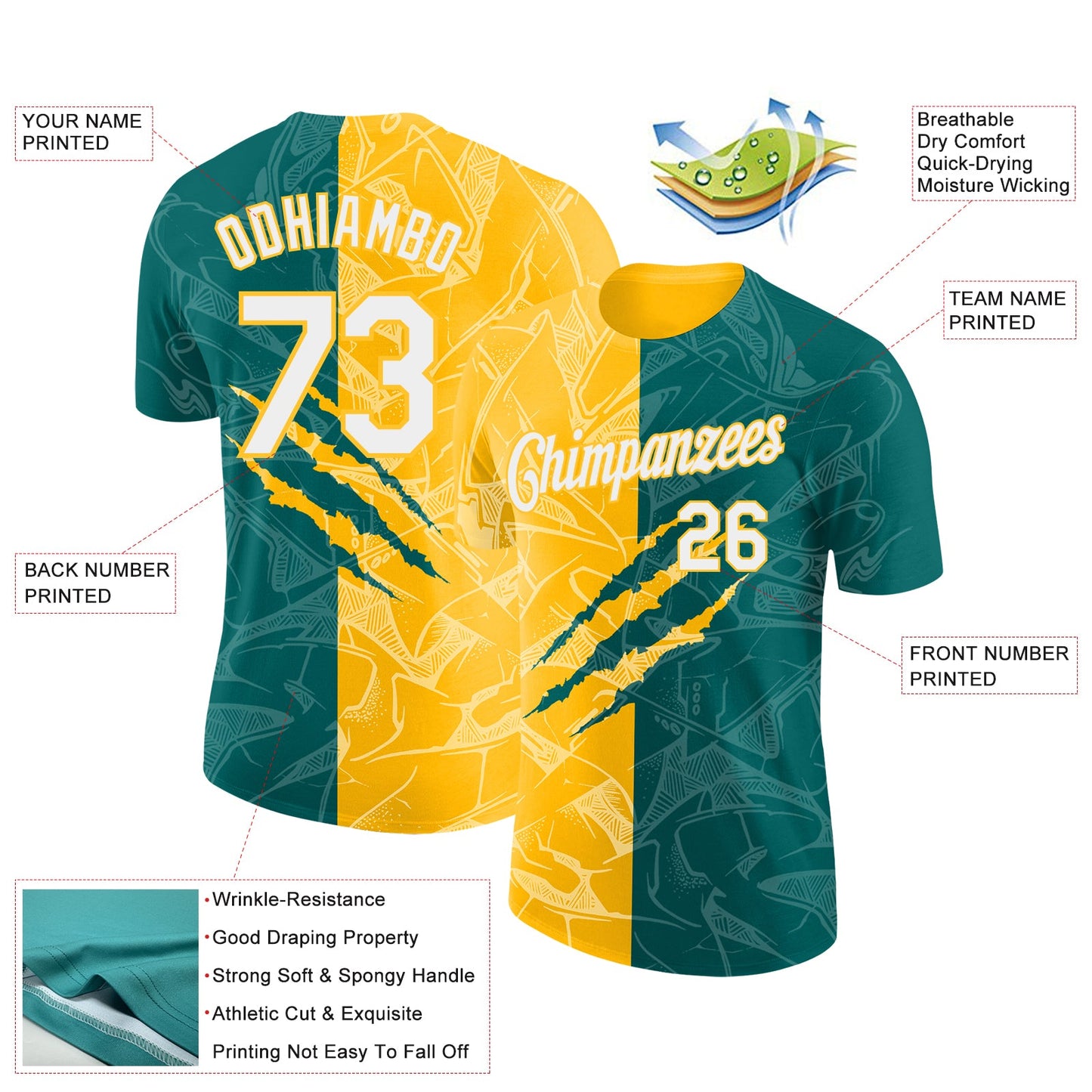 Custom Graffiti Pattern White Teal-Gold Scratch 3D Performance T-Shirt view 2