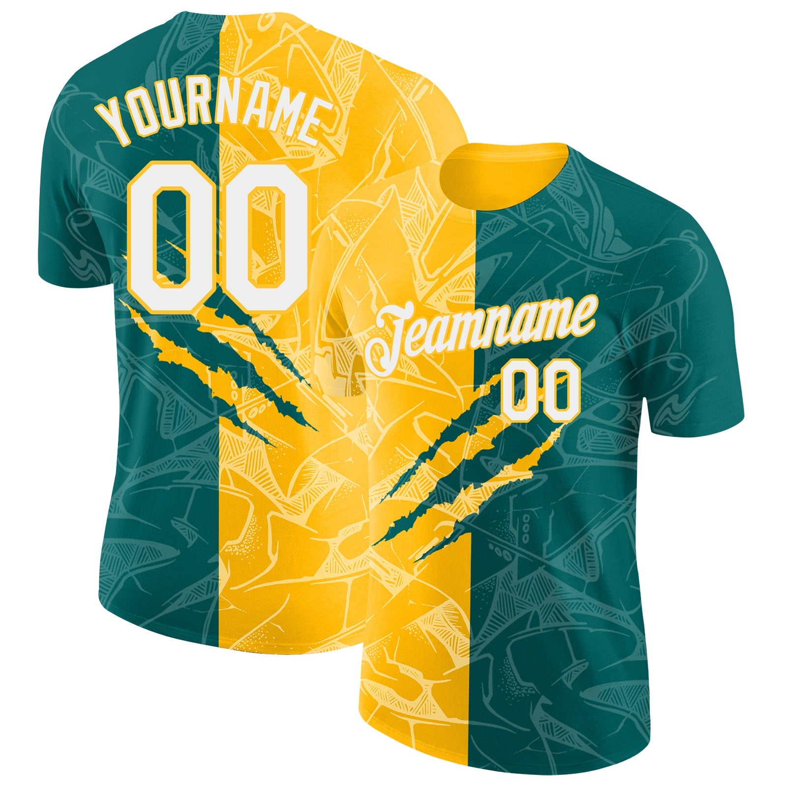 Custom Graffiti Pattern White Teal-Gold Scratch 3D Performance T-Shirt - Main View