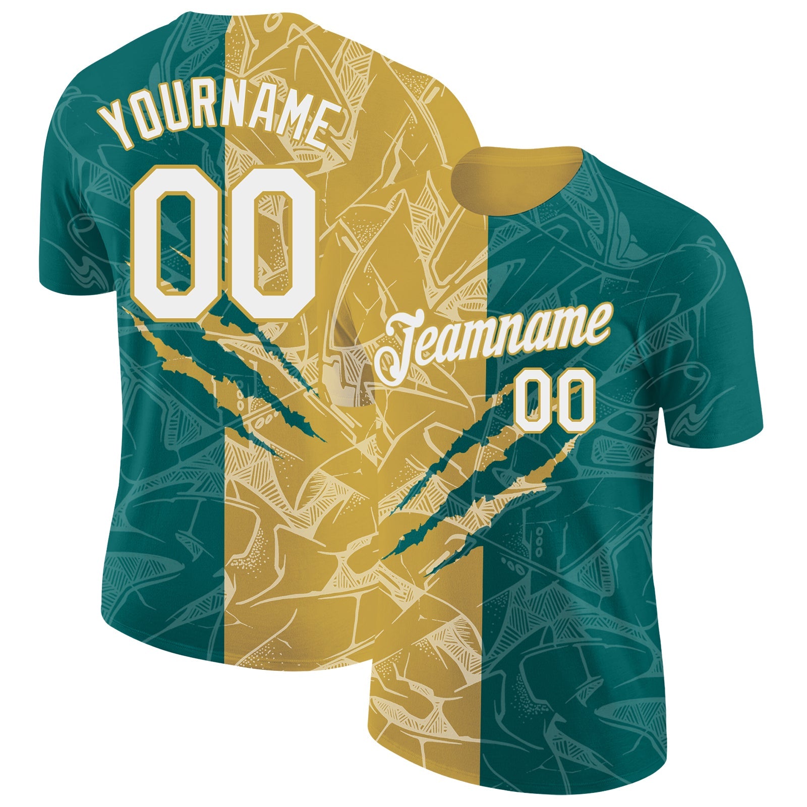 Custom Graffiti Pattern White Teal-Old Gold Scratch 3D Performance T-Shirt - Main View