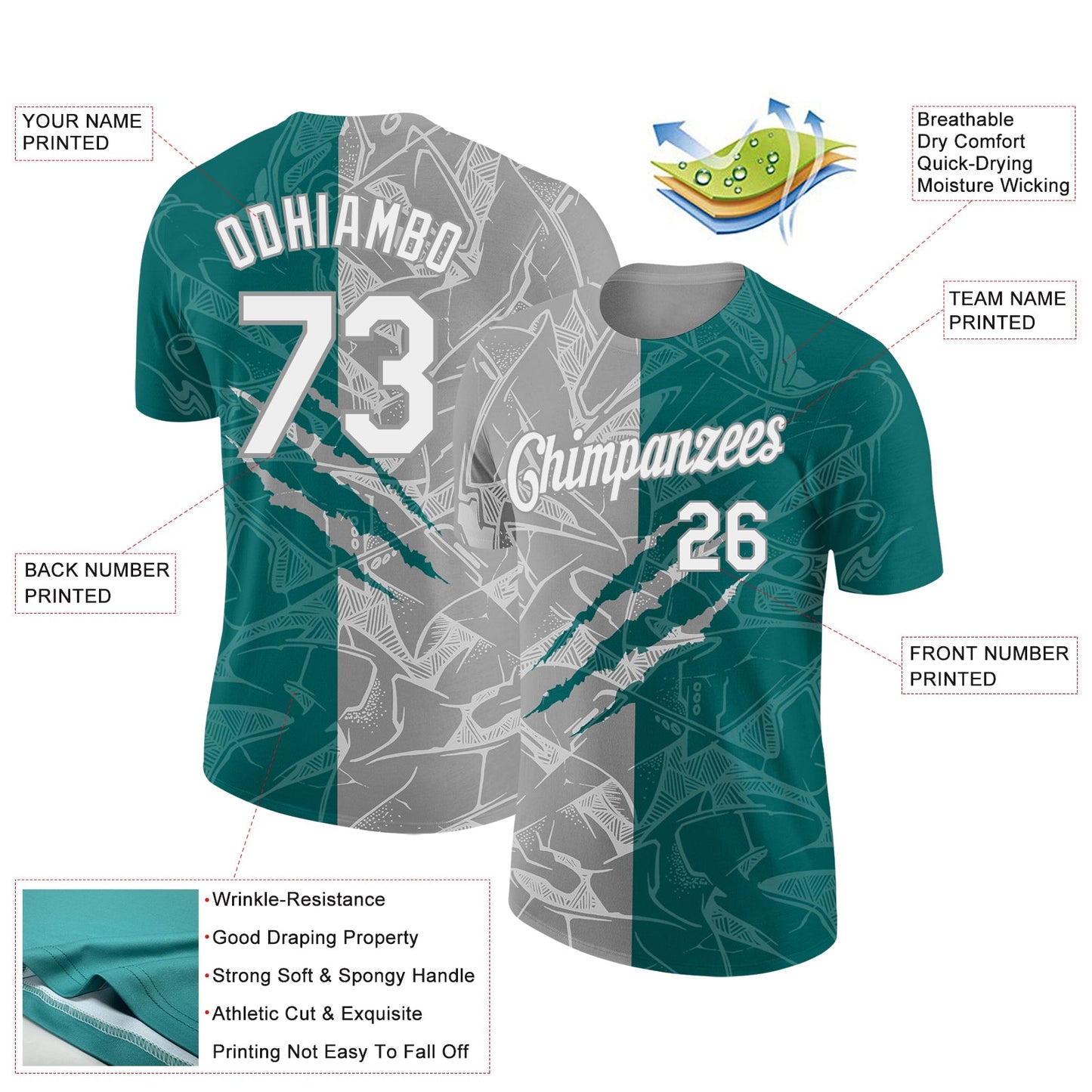 Custom Graffiti Pattern White Teal-Gray Scratch 3D Performance T-Shirt view 2