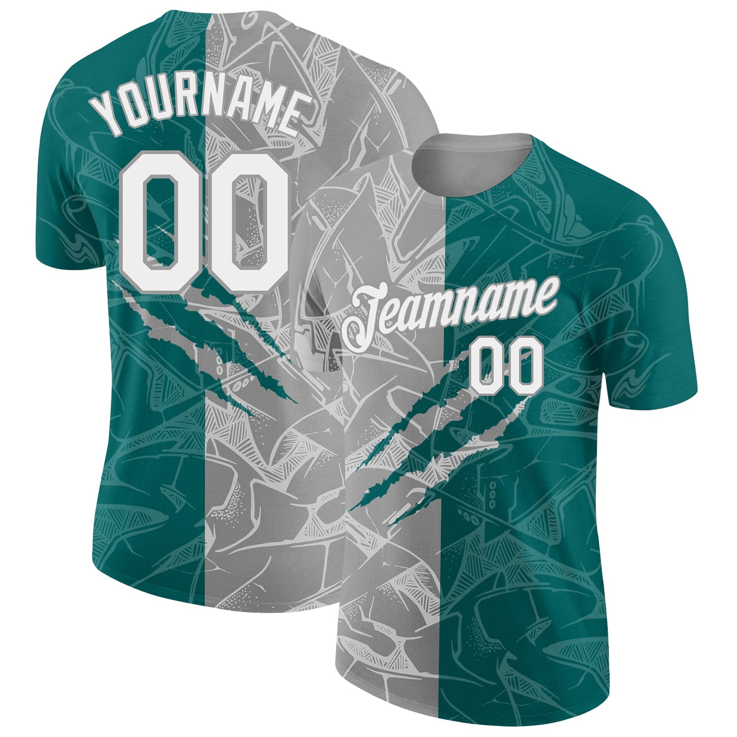 Custom Graffiti Pattern White Teal-Gray Scratch 3D Performance T-Shirt - Main View