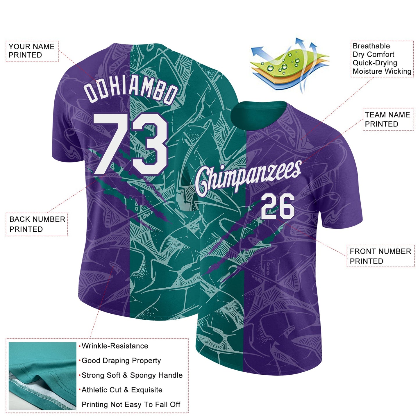 Custom Graffiti Pattern White Purple-Teal Scratch 3D Performance T-Shirt view 2