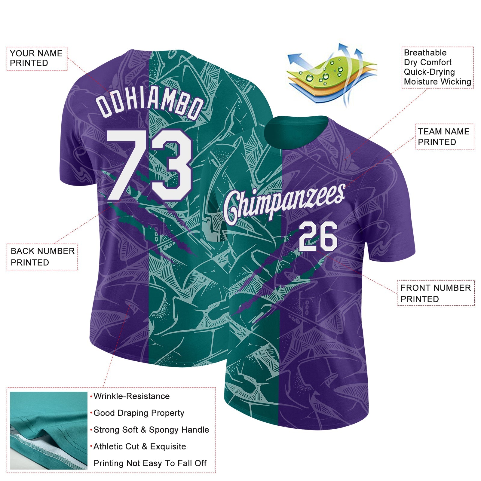 Custom Graffiti Pattern White Purple-Teal Scratch 3D Performance T-Shirt view 2