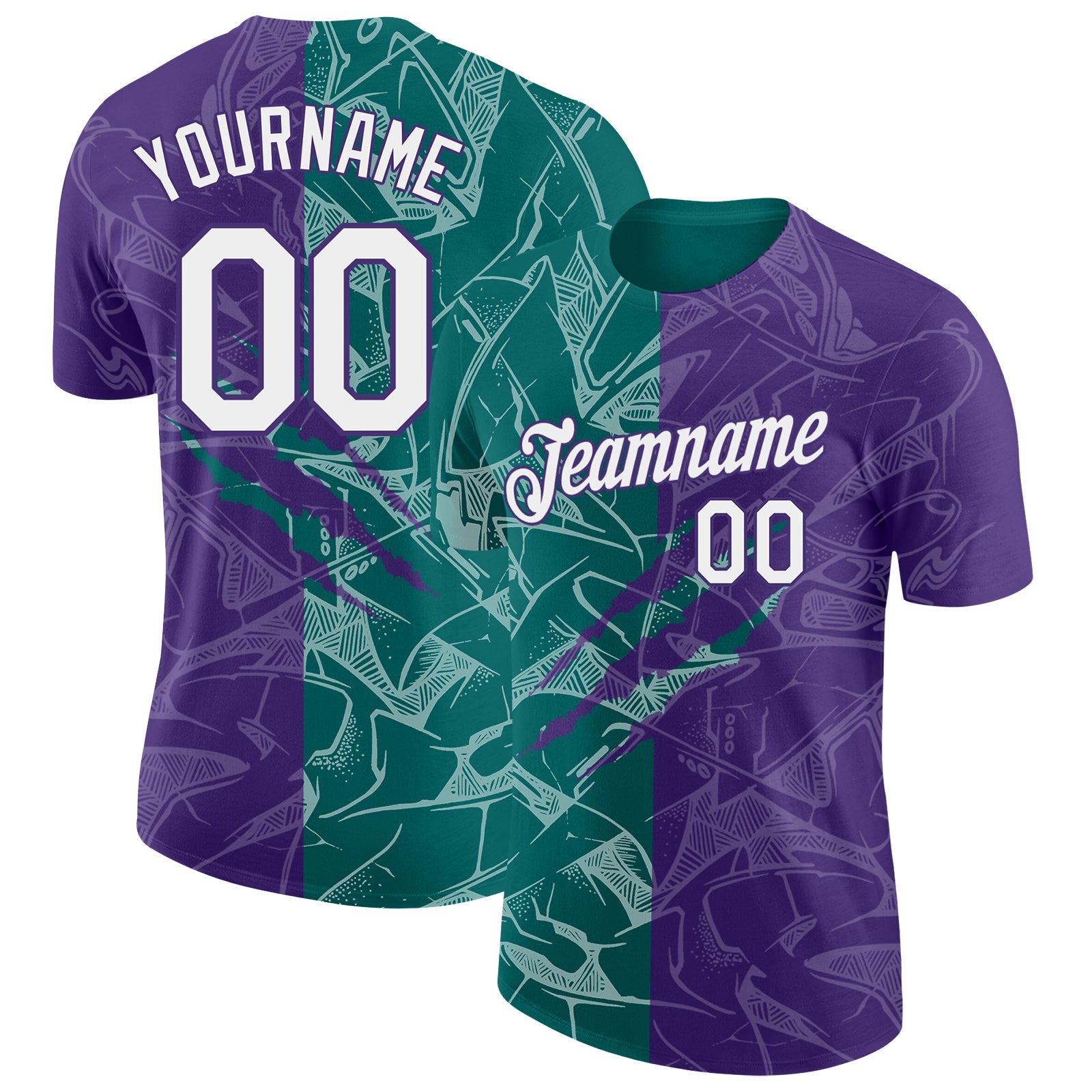 Custom Graffiti Pattern White Purple-Teal Scratch 3D Performance T-Shirt - Main View