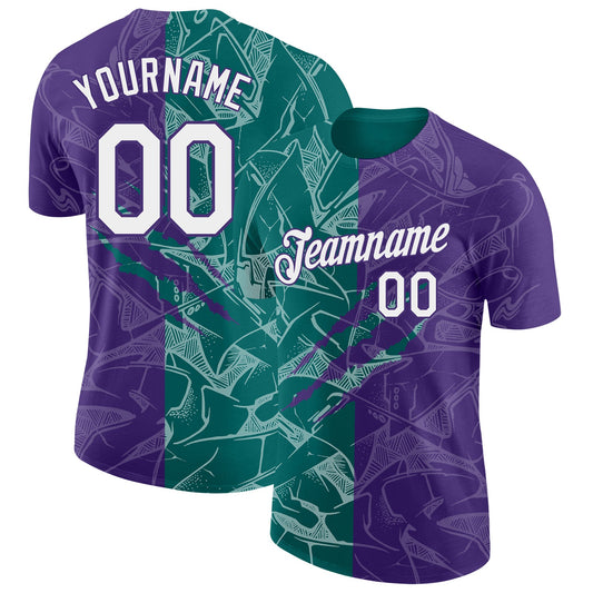 Custom Graffiti Pattern White Purple-Teal Scratch 3D Performance T-Shirt - Main View