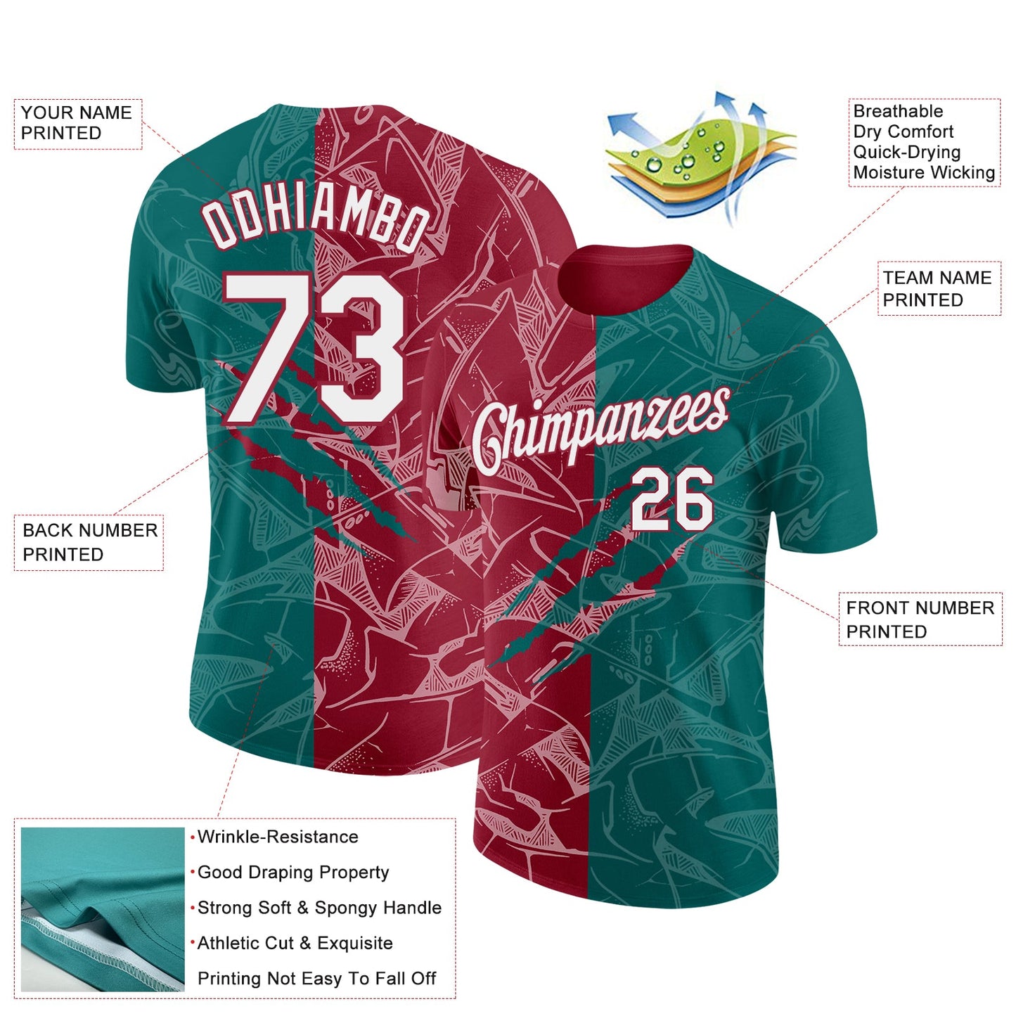 Custom Graffiti Pattern White Teal-Crimson Scratch 3D Performance T-Shirt view 2