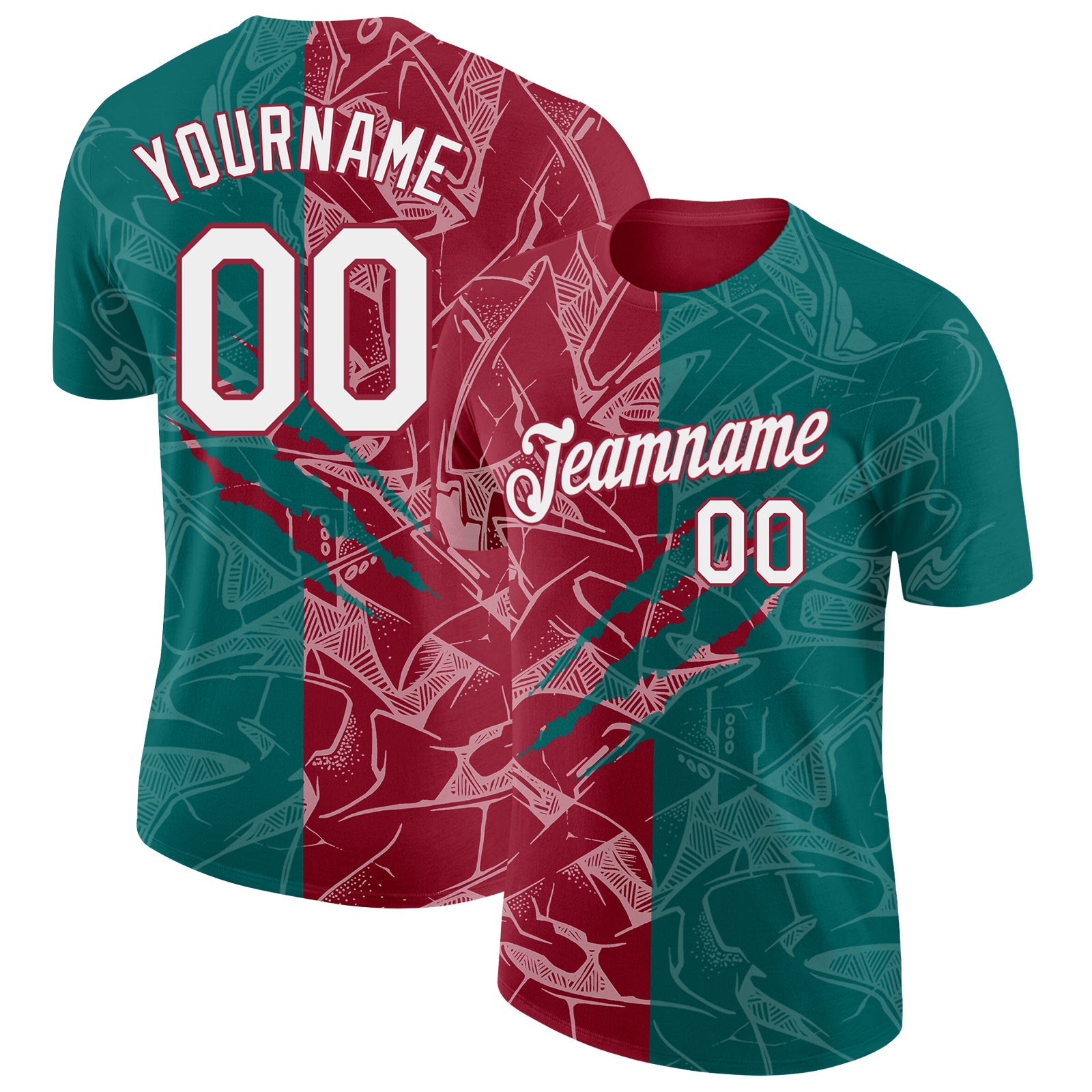 Custom Graffiti Pattern White Teal-Crimson Scratch 3D Performance T-Shirt - Main View