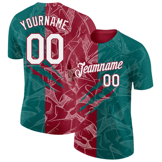 Custom Graffiti Pattern White Teal-Crimson Scratch 3D Performance T-Shirt - Main View