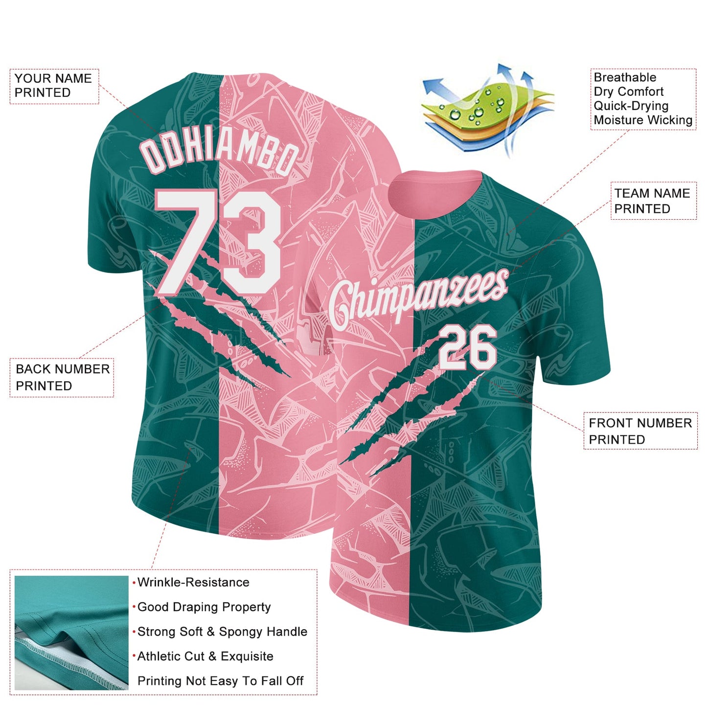 Custom Graffiti Pattern White Teal-Medium Pink Scratch 3D Performance T-Shirt view 2