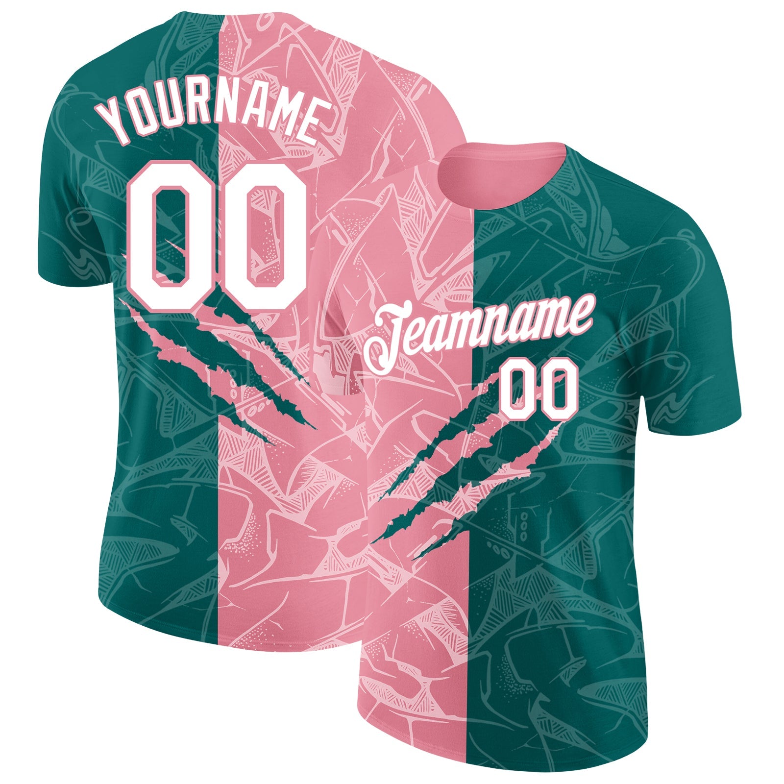 Custom Graffiti Pattern White Teal-Medium Pink Scratch 3D Performance T-Shirt - Main View