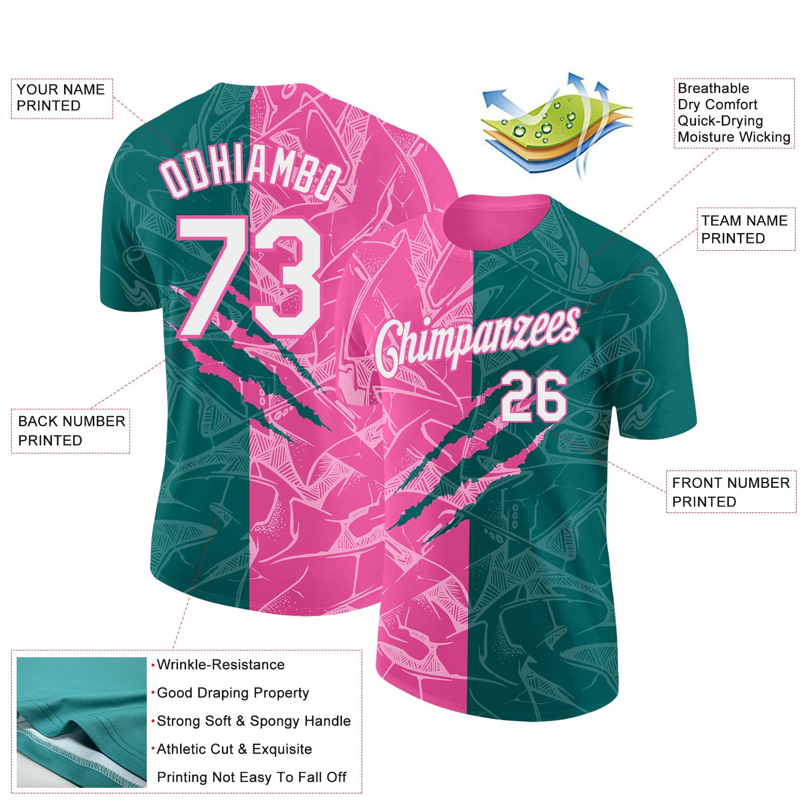 Custom Graffiti Pattern White Teal-Pink Scratch 3D Performance T-Shirt view 2