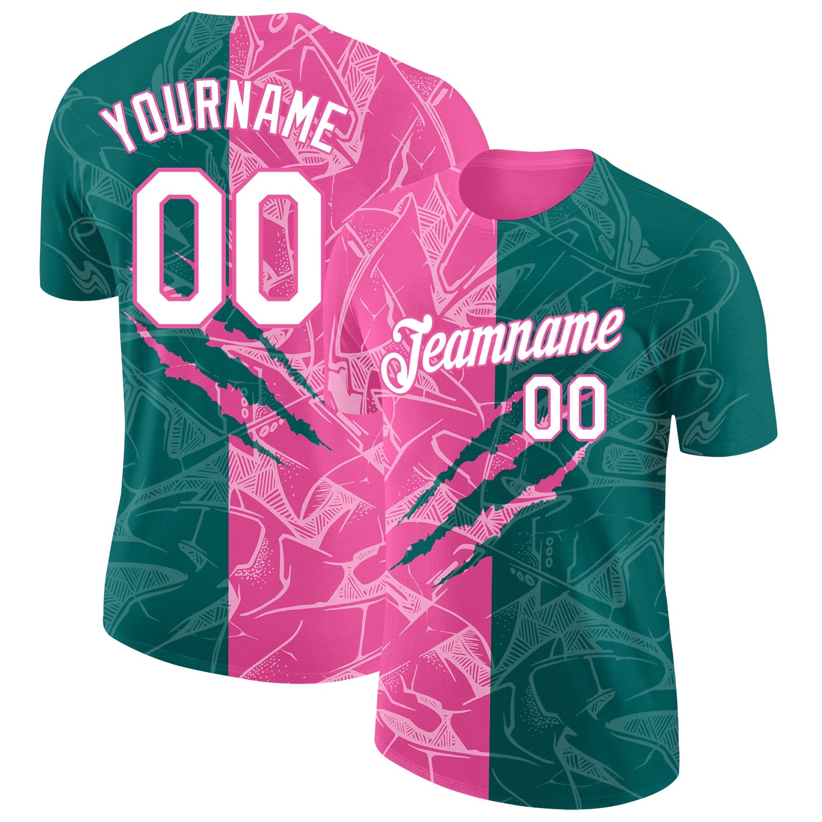Custom Graffiti Pattern White Teal-Pink Scratch 3D Performance T-Shirt - Main View