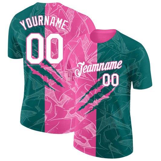 Custom Graffiti Pattern White Teal-Pink Scratch 3D Performance T-Shirt - Main View