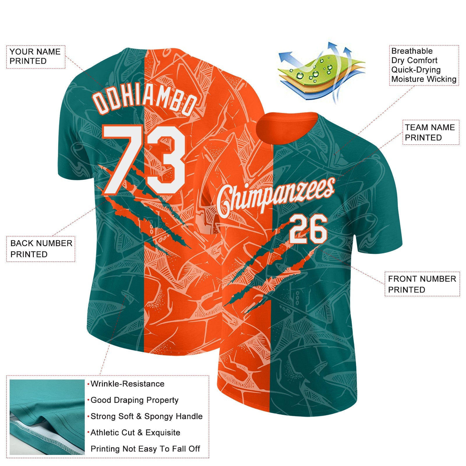 Custom Graffiti Pattern White Teal-Orange Scratch 3D Performance T-Shirt view 2
