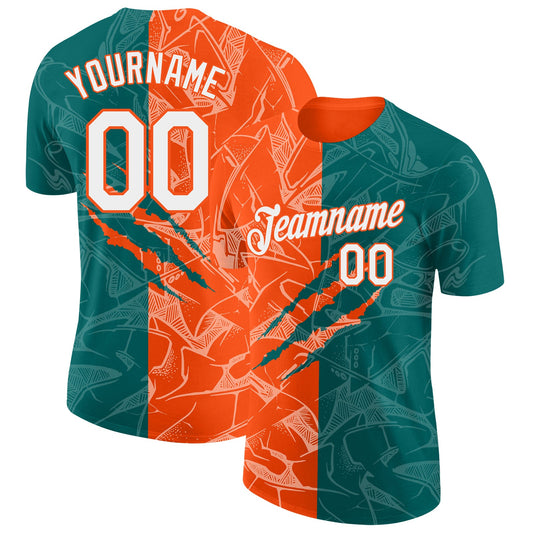 Custom Graffiti Pattern White Teal-Orange Scratch 3D Performance T-Shirt - Main View