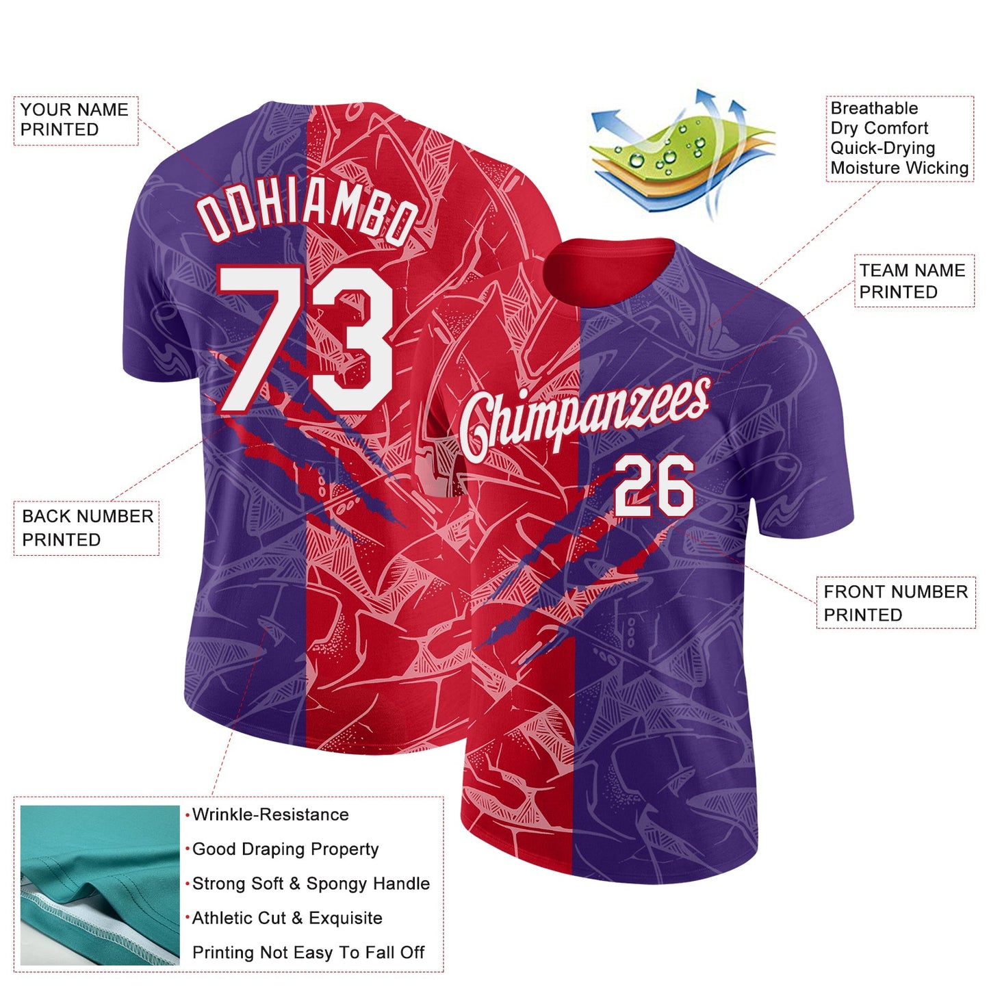 Custom Graffiti Pattern White Purple-Red Scratch 3D Performance T-Shirt view 2