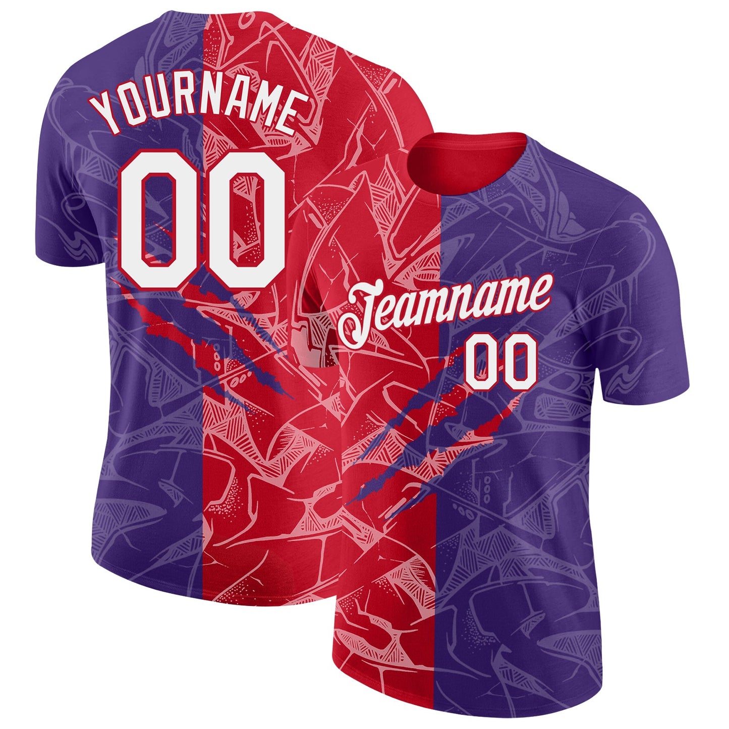 Custom Graffiti Pattern White Purple-Red Scratch 3D Performance T-Shirt - Main View