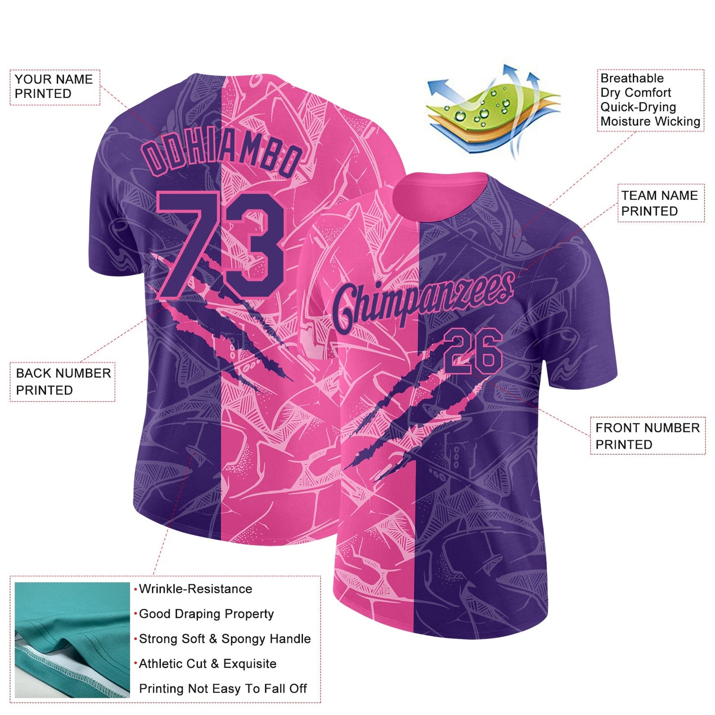 Custom Graffiti Pattern Purple-Pink Scratch 3D Performance T-Shirt view 2