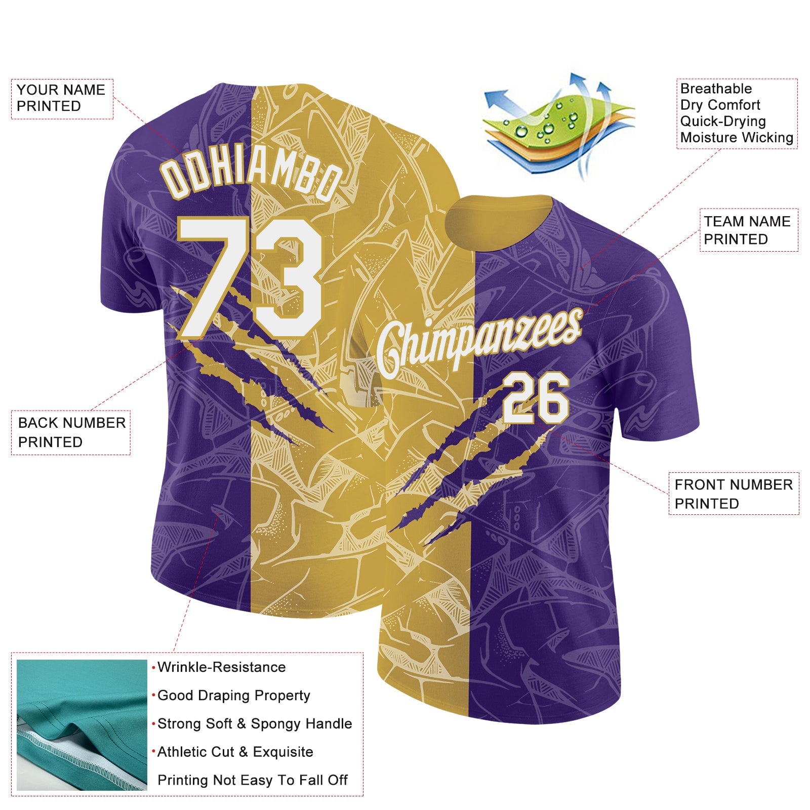 Custom Graffiti Pattern White Purple-Old Gold Scratch 3D Performance T-Shirt view 2