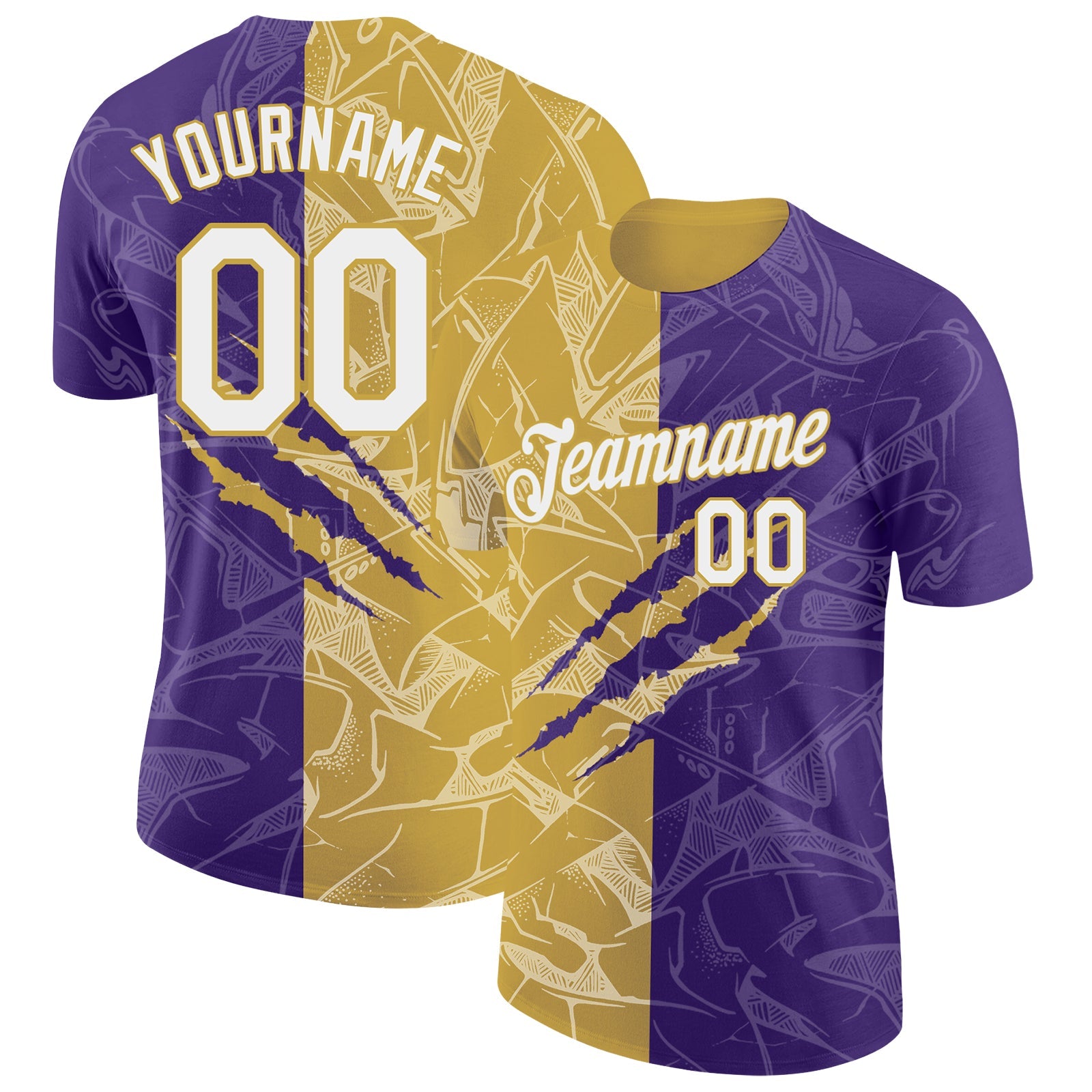 Custom Graffiti Pattern White Purple-Old Gold Scratch 3D Performance T-Shirt - Main View
