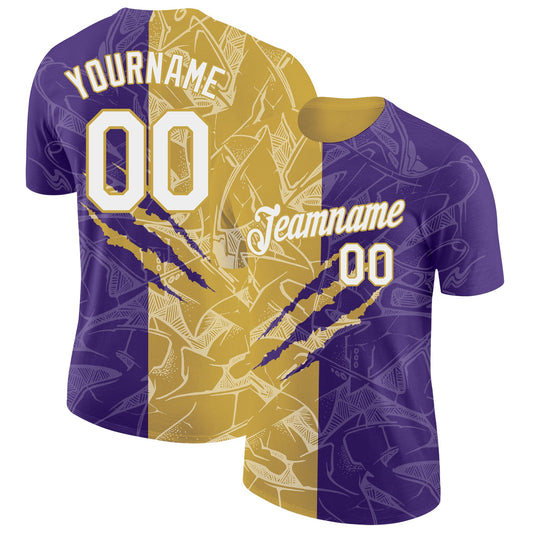 Custom Graffiti Pattern White Purple-Old Gold Scratch 3D Performance T-Shirt - Main View
