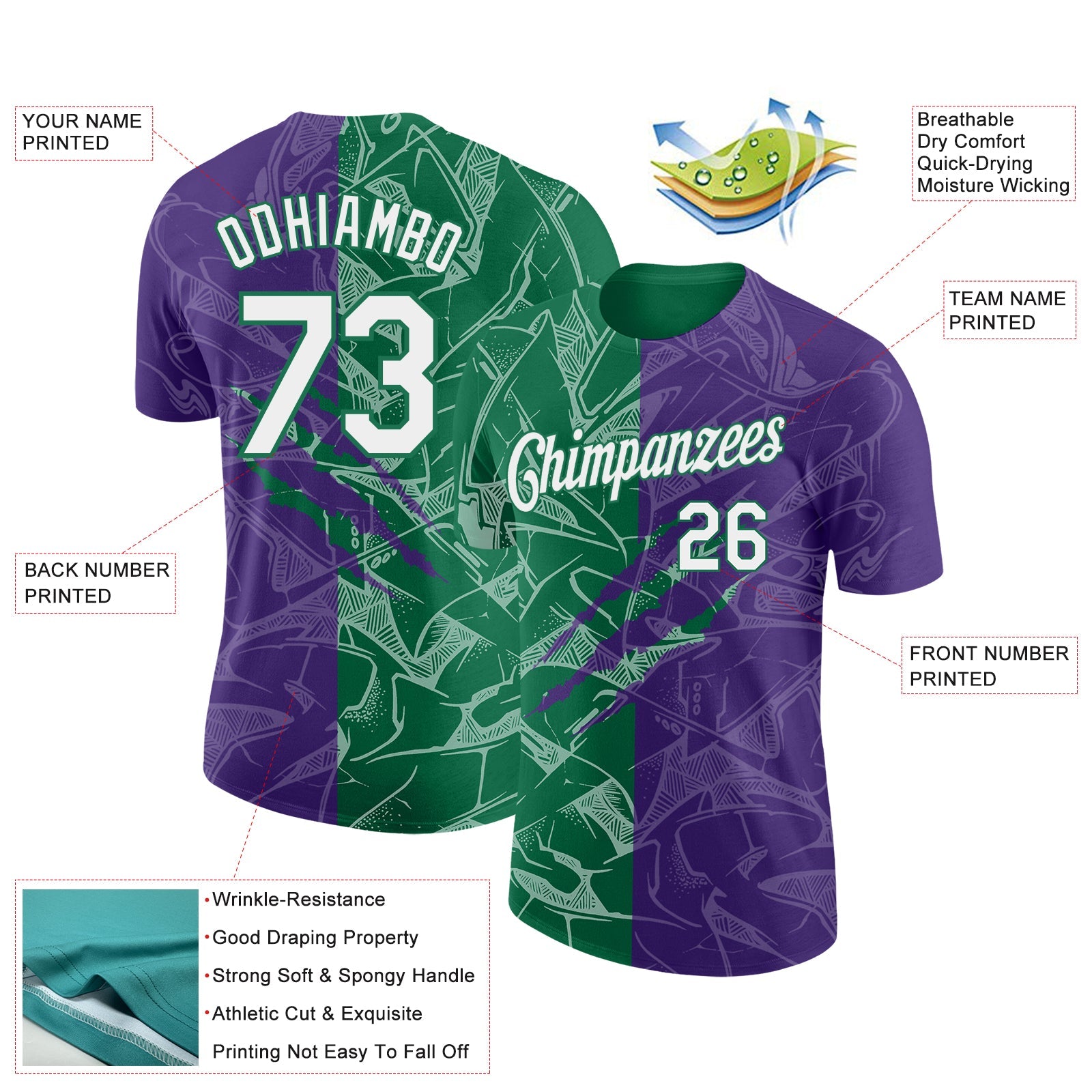 Custom Graffiti Pattern White Purple-Kelly Green Scratch 3D Performance T-Shirt view 2