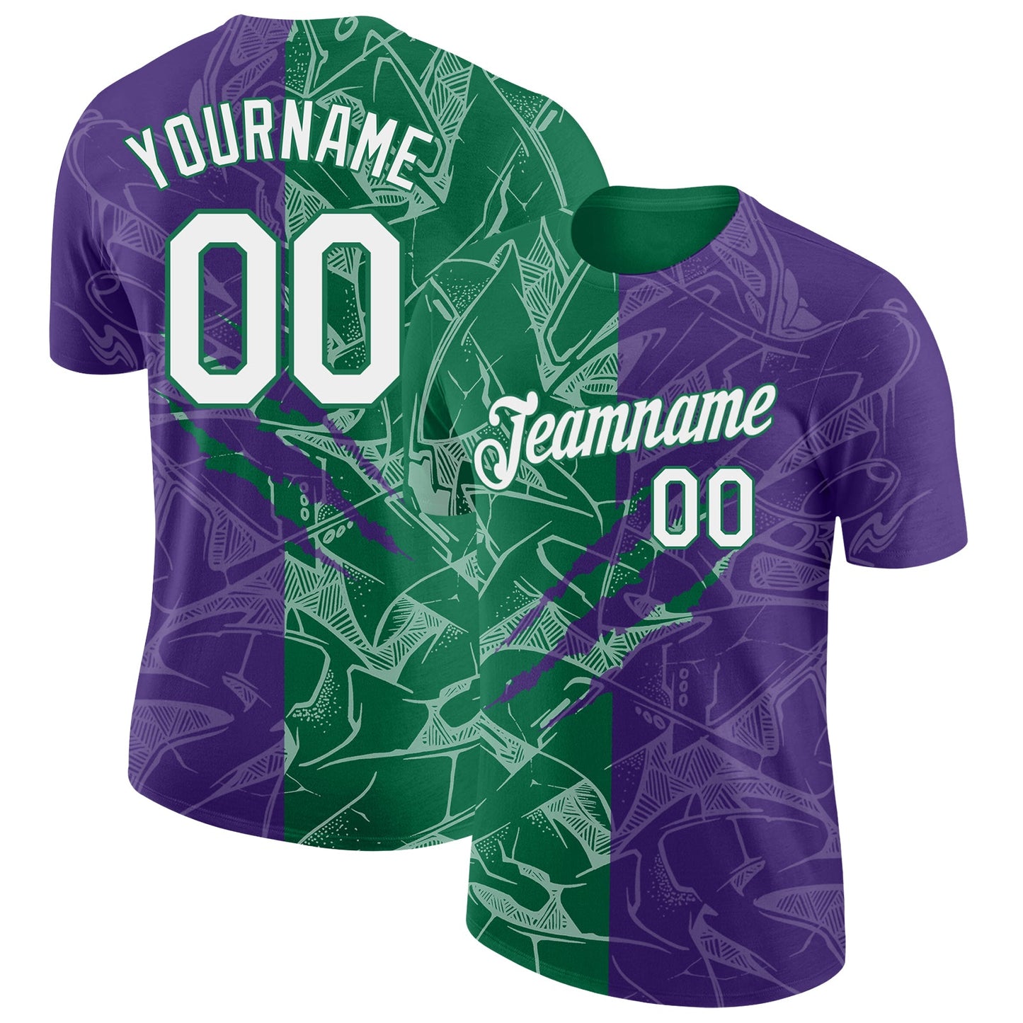 Custom Graffiti Pattern White Purple-Kelly Green Scratch 3D Performance T-Shirt - Main View