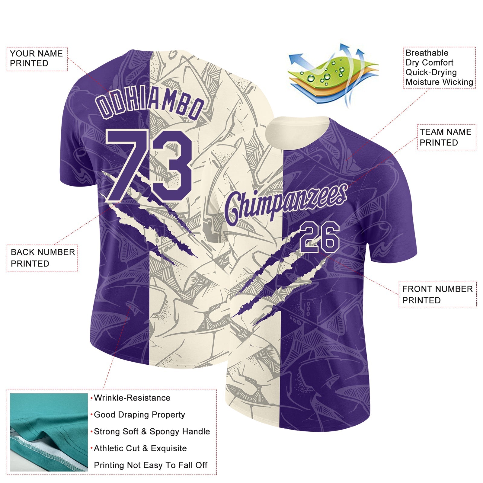 Custom Graffiti Pattern Purple-Cream Scratch 3D Performance T-Shirt view 2