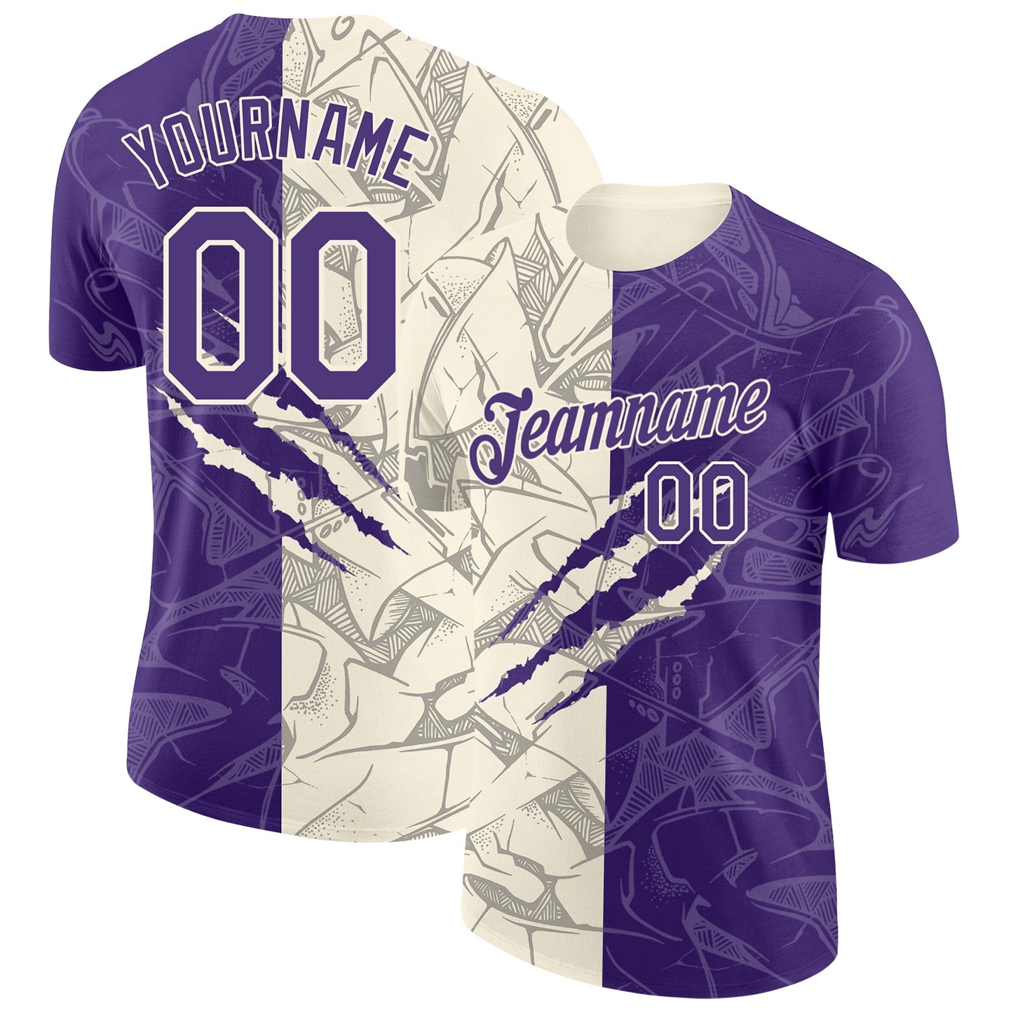 Custom Graffiti Pattern Purple-Cream Scratch 3D Performance T-Shirt - Main View
