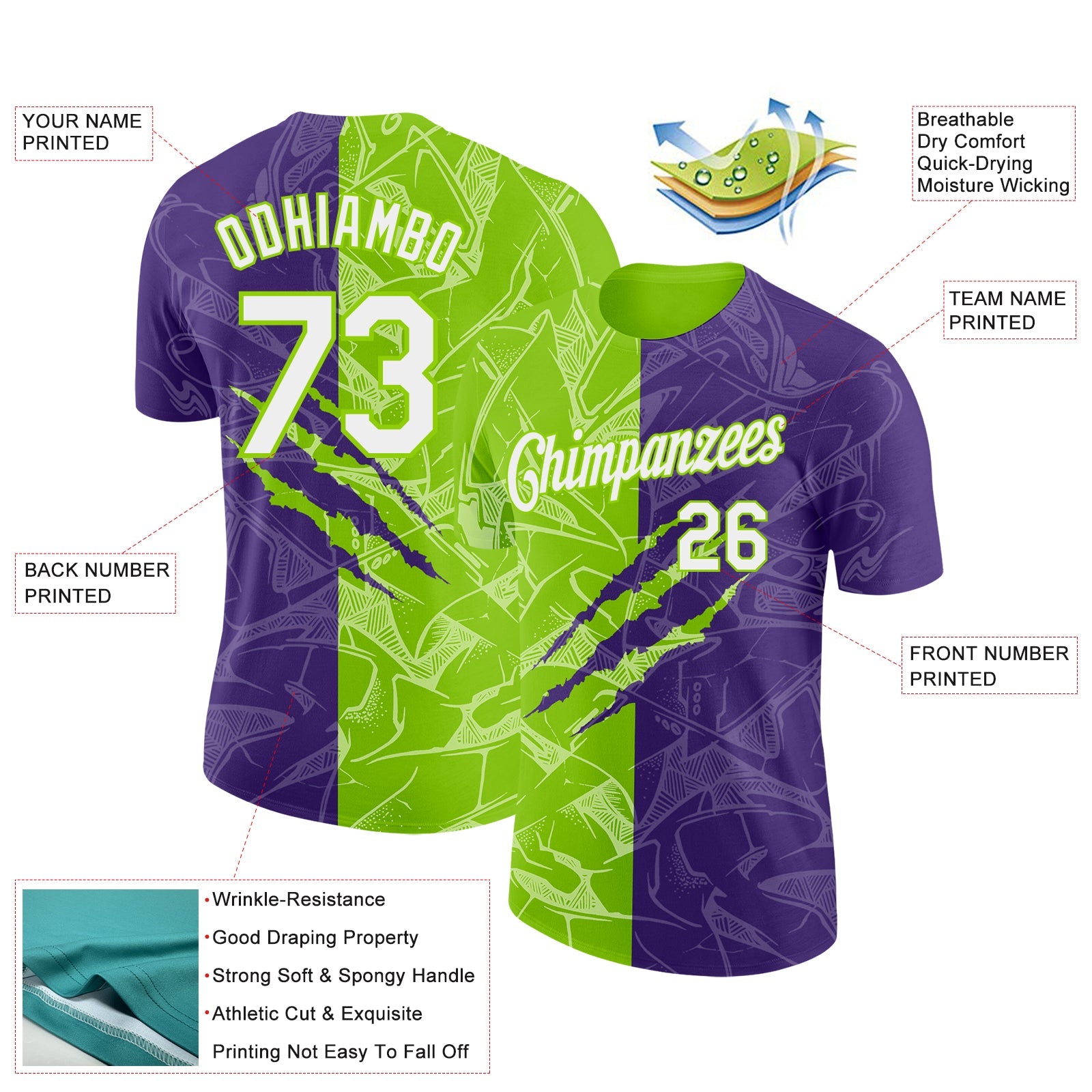 Custom Graffiti Pattern White Purple-Neon Green Scratch 3D Performance T-Shirt view 2