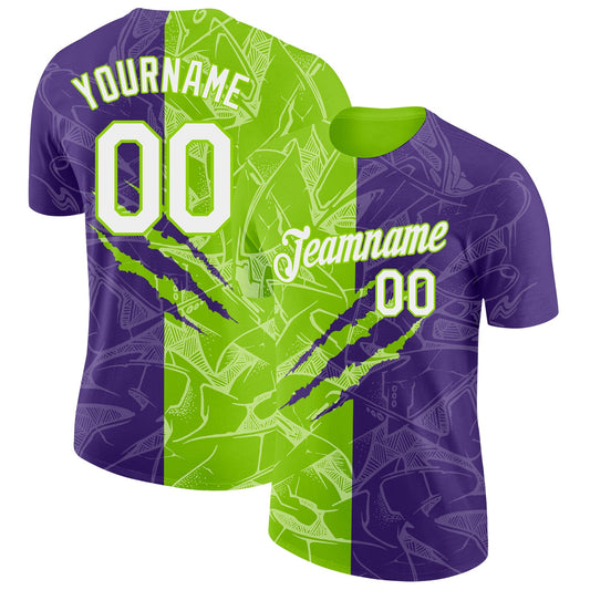 Custom Graffiti Pattern White Purple-Neon Green Scratch 3D Performance T-Shirt - Main View
